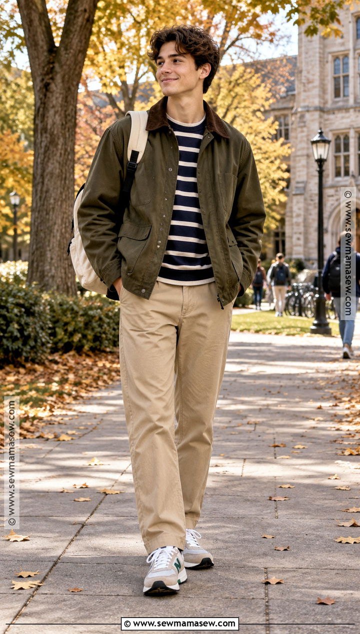 Barn Jacket With Striped Tee And Chino Pants - 20 outfits for fall school