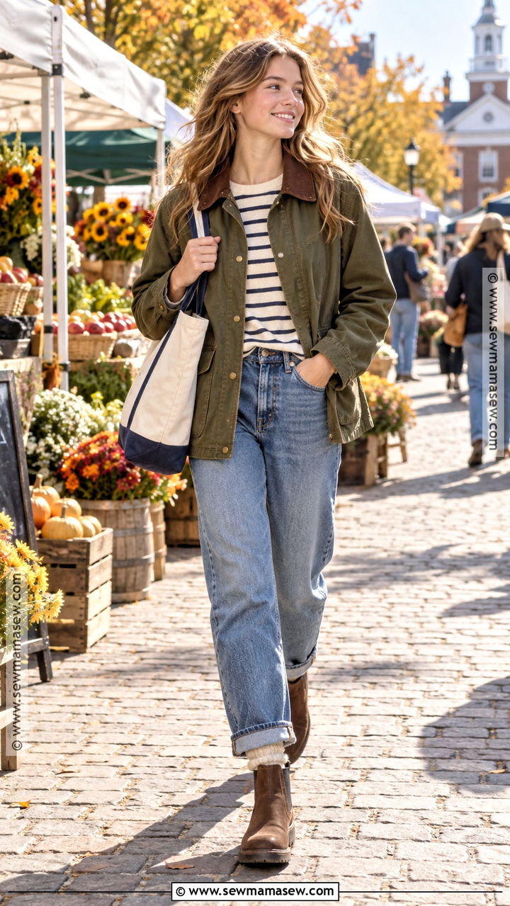 Barn Jacket With Striped Top And Jeans - 20 Autumn Outfits Teenage for Girls