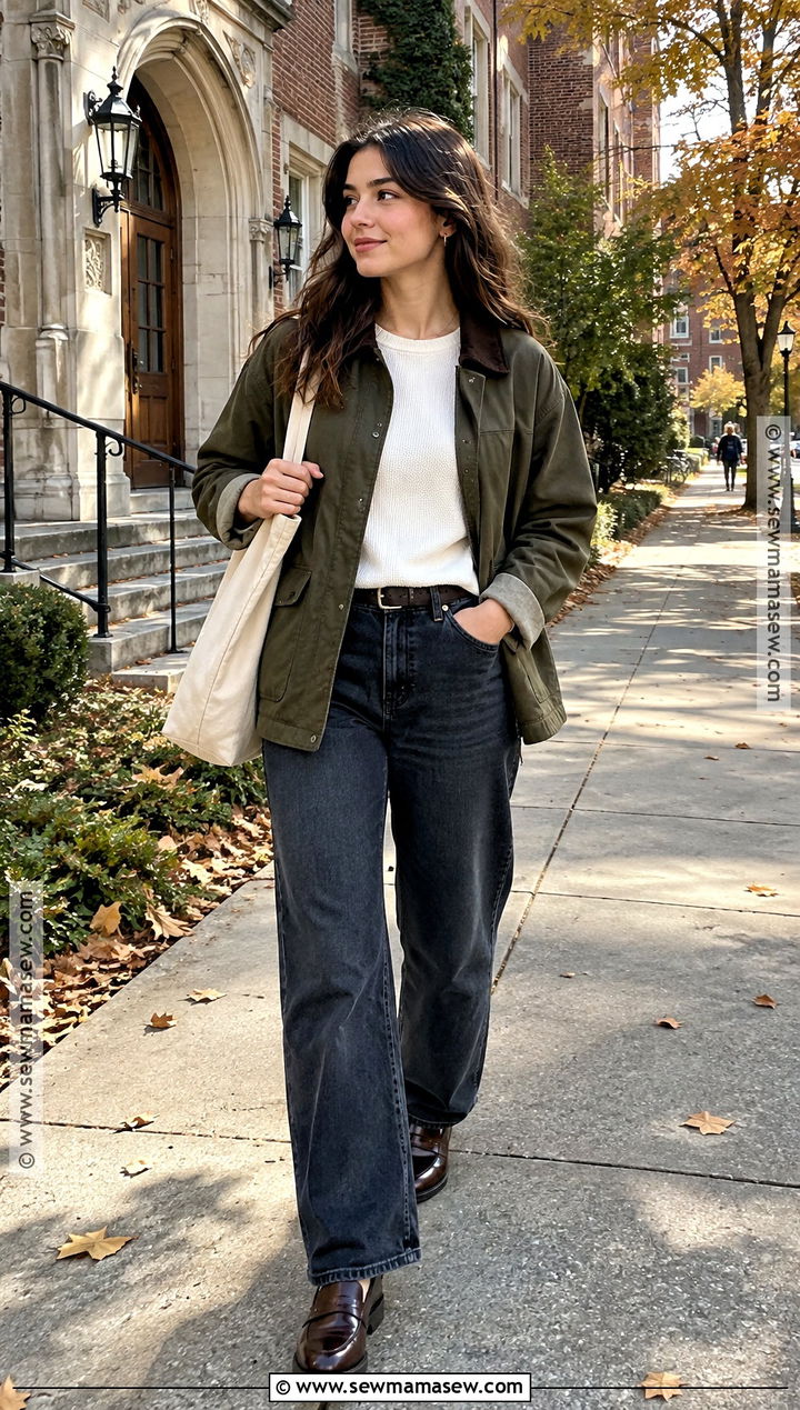 Barn Jacket With T Shirt And Relaxed Jeans - 15 fall outfits college comfy