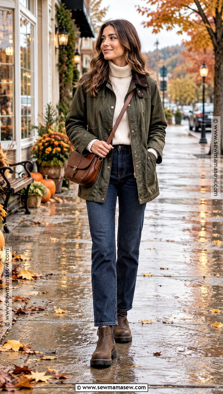 Barn Jacket With Turtleneck And Dark Jeans - 15 comfy rainy day outfit fall ideas