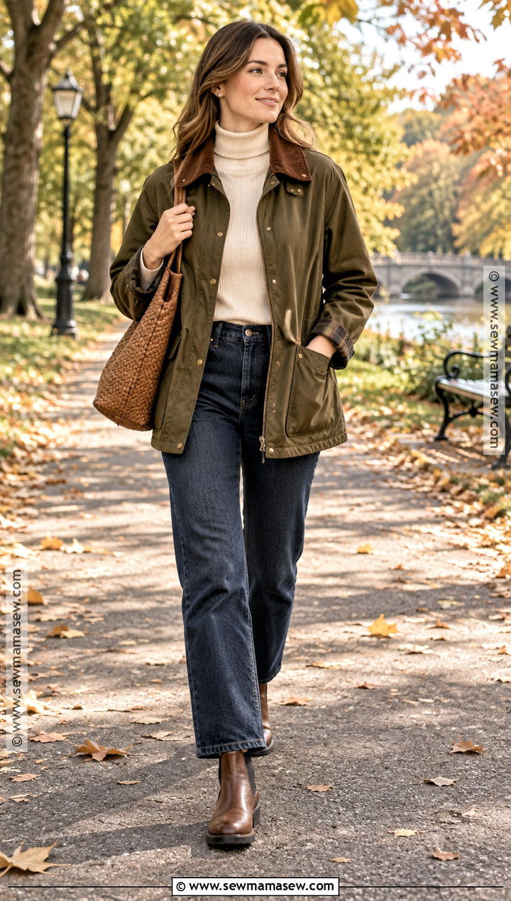 Barn Jacket With Turtleneck And Relaxed Jeans - 15 Casual Chic Fall Outfits 2026