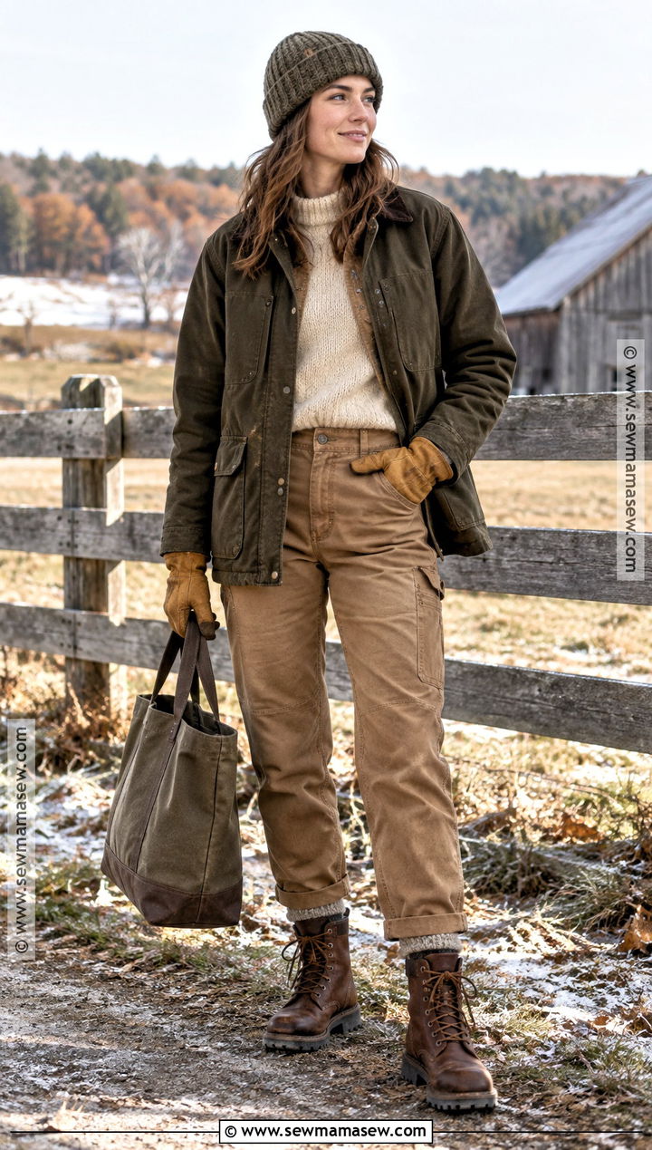 Barn Jacket With Wool Sweater And Carpenter Pants - 20 30 degree weather outfit fall ideas