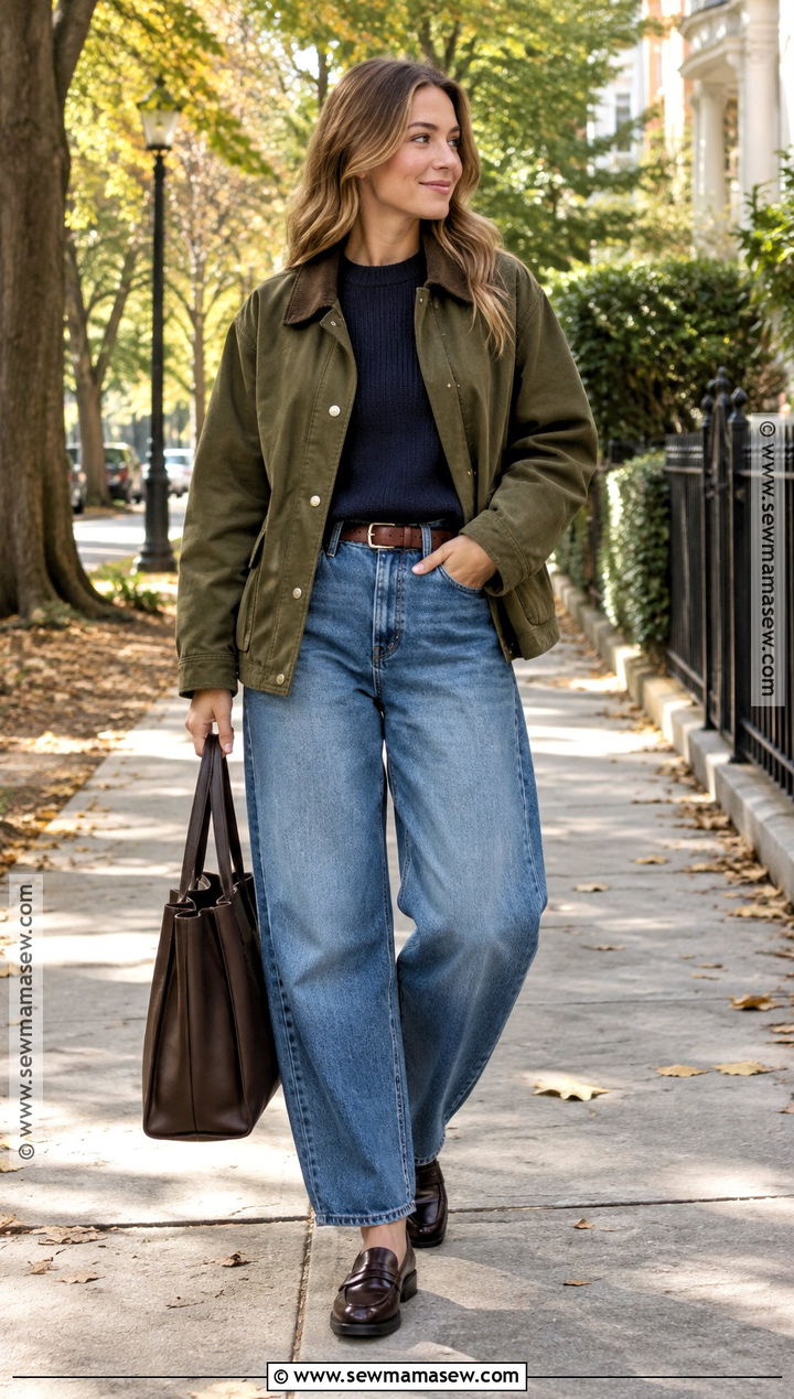 Barn Jacket and Barrel Jeans Autumn Outfit - 15 stylish outfits for autumn