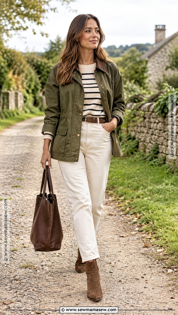 Barn Jacket and Cream Jeans Fall Outfit - 25 cute fall outfits for women