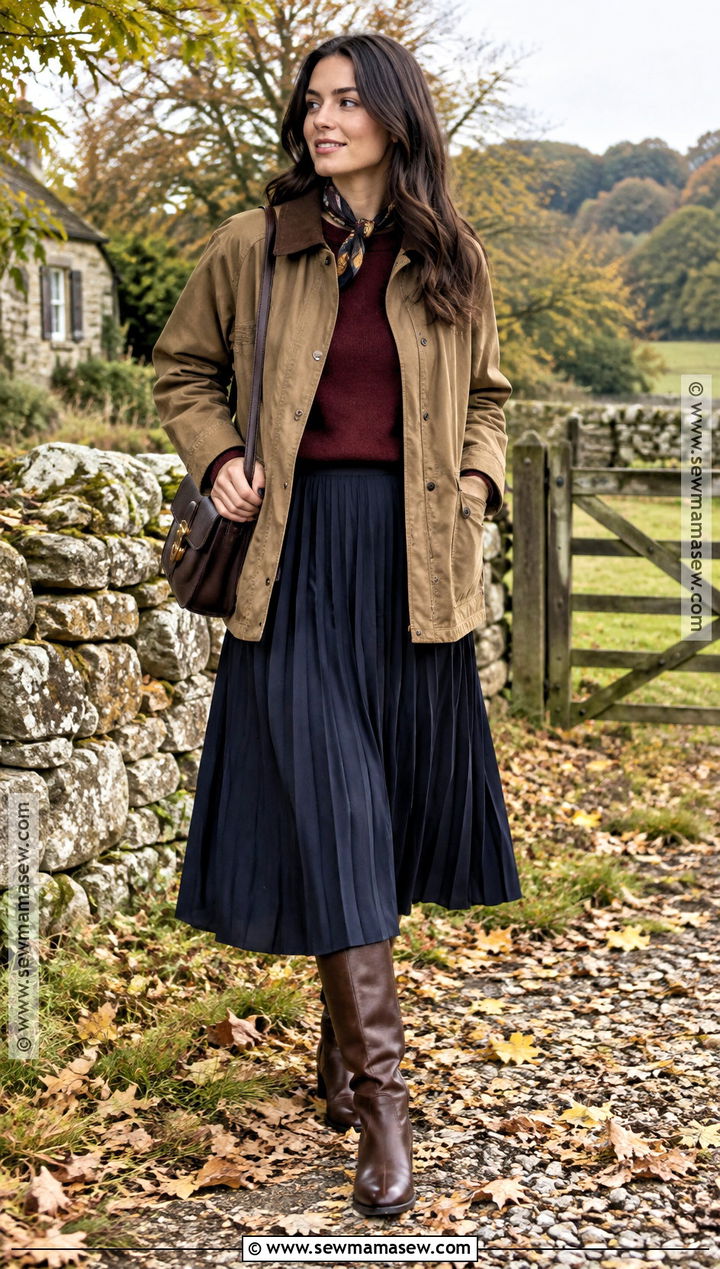 Barn Jacket and Pleated Skirt Outfit - 15 october 2026 fashion trends