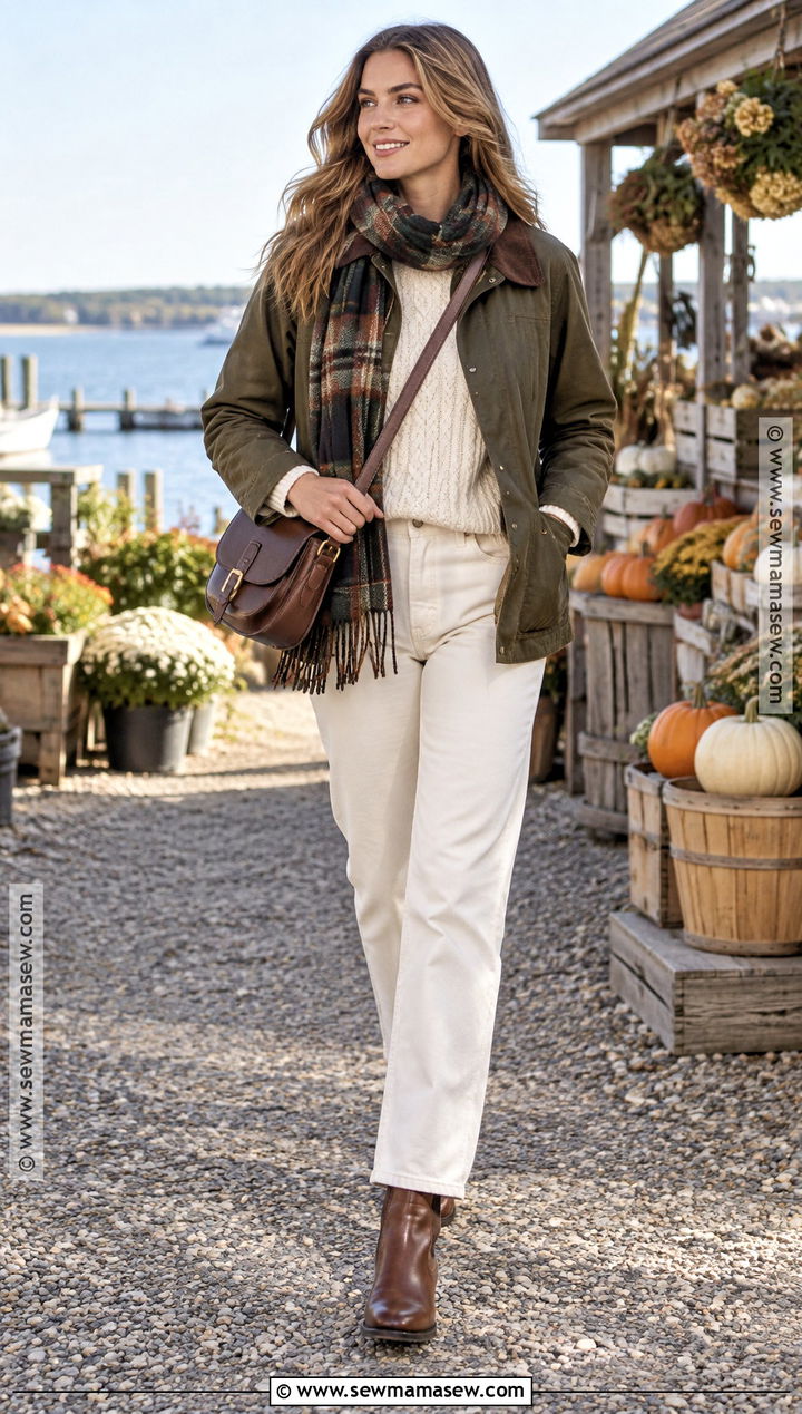 Barn Jacket and White Jeans Coastal Fall Outfit - 25 Coastal Fall Outfits