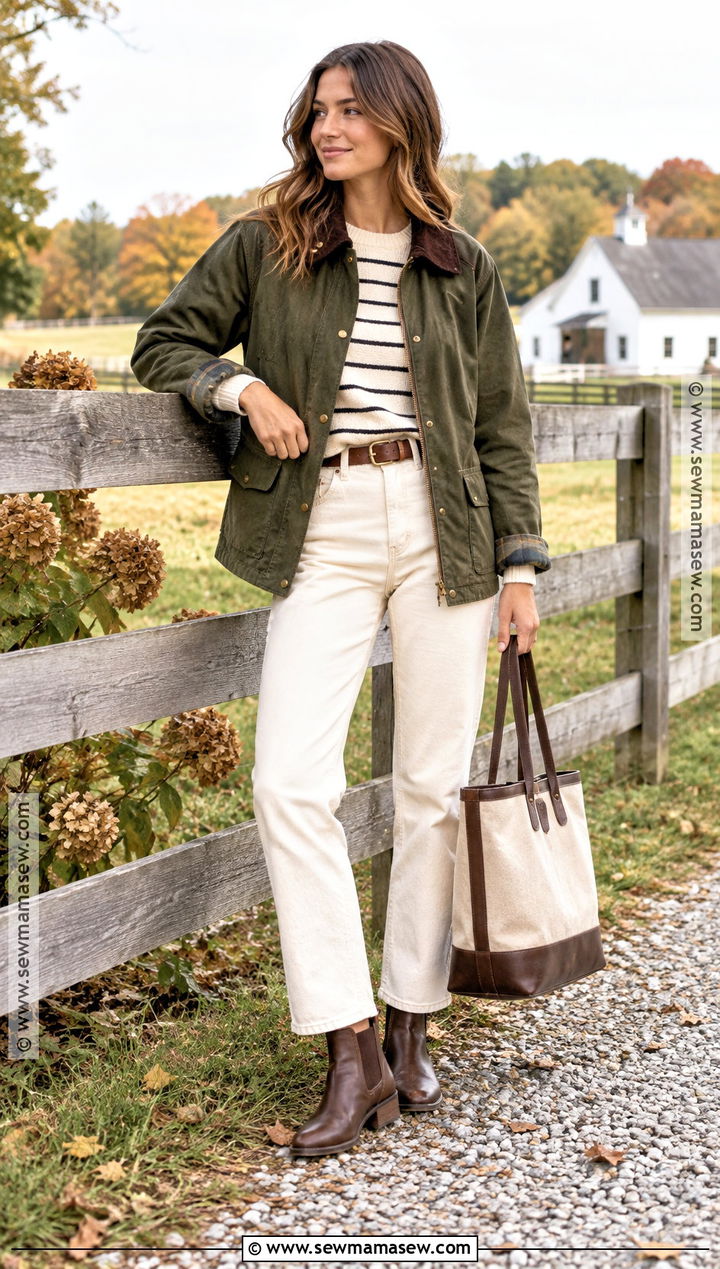 Barn Jacket and White Jeans Outfit - 20 trendy autumn outfits 2026