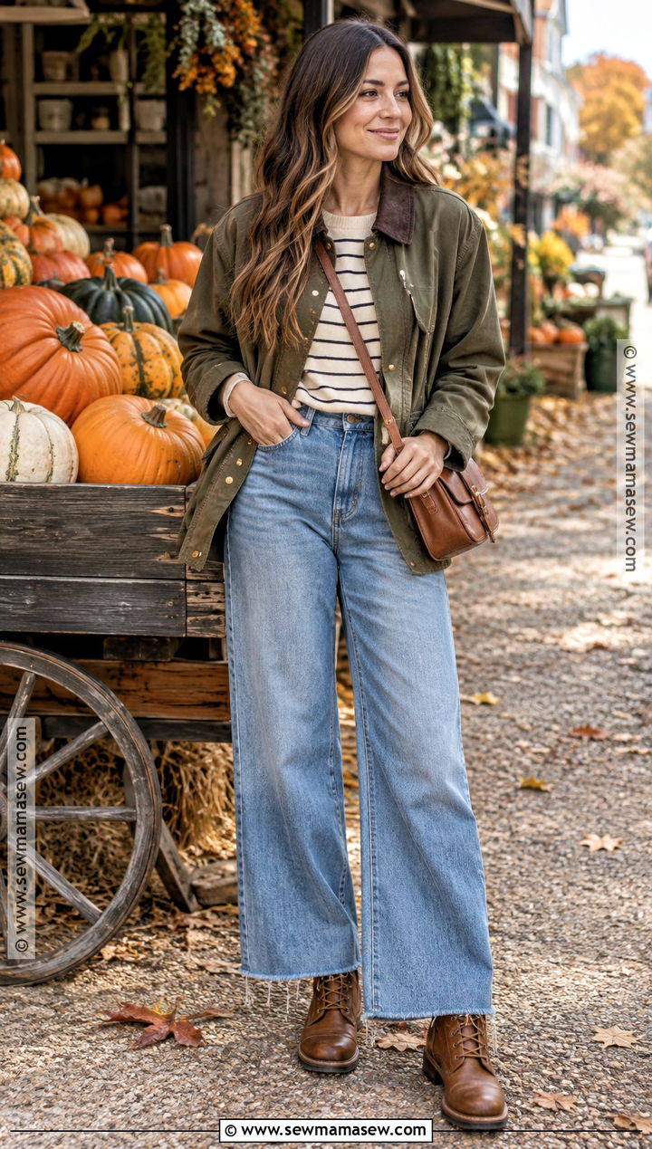 Barn Jacket and Wide Leg Jeans Pumpkin Patch Outfit - 20 Pumpkin Patch Mom Outfit Ideas