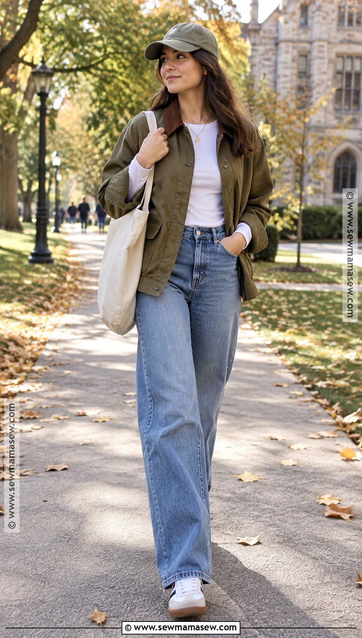 Barn Jacket and Wide Leg Jeans School Outfit - 15 fall outfit inspo school ideas
