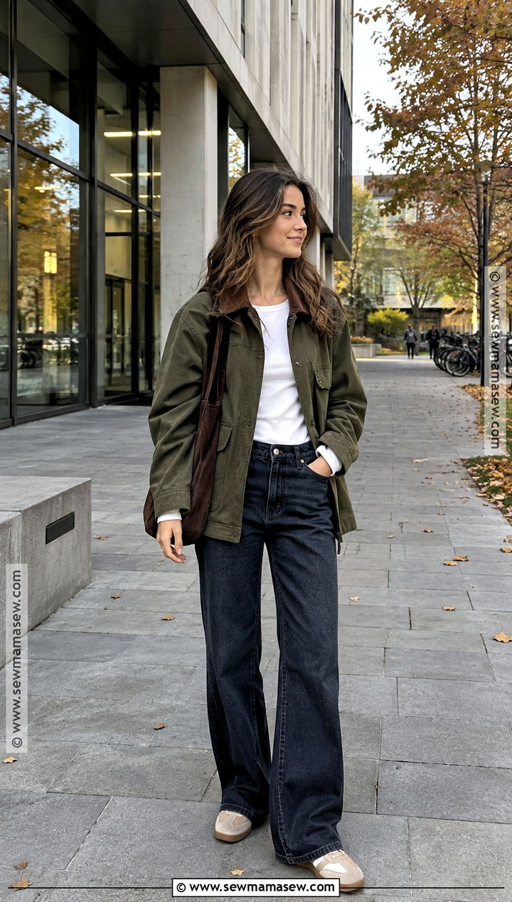 Barn Jacket and Wide Leg Jeans University Outfit - 20 university outfit autumn ideas