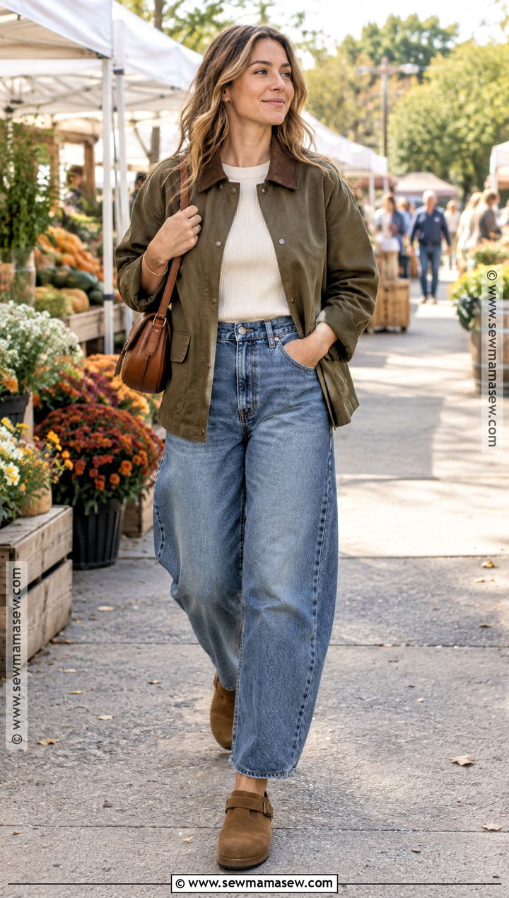 Barrel Jeans And Barn Jacket Fall Outfit - 20 Easy Fall Outfits for Moms