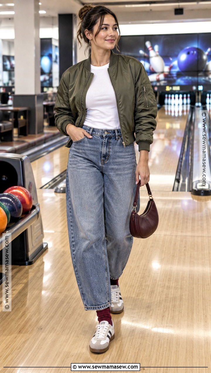 Barrel Jeans And Bomber Jacket Bowling Outfit - 15 bowling outfit ideas fall