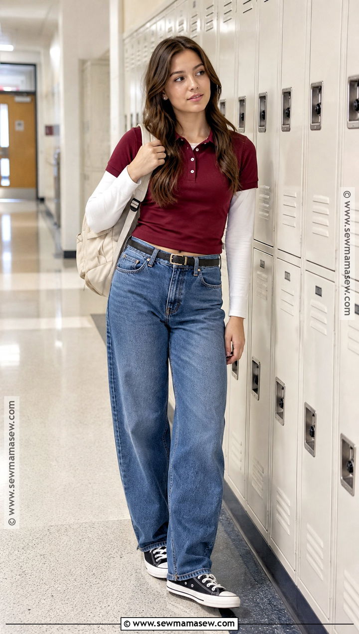 Barrel Jeans And Layered Polo School Outfit - 15 cute back to school outfits highschool baddie