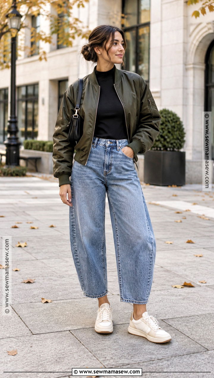 Barrel Jeans And Low Profile Sneakers With A Bomber Jacket - 15 Fall Outfits Jeans And Sneakers