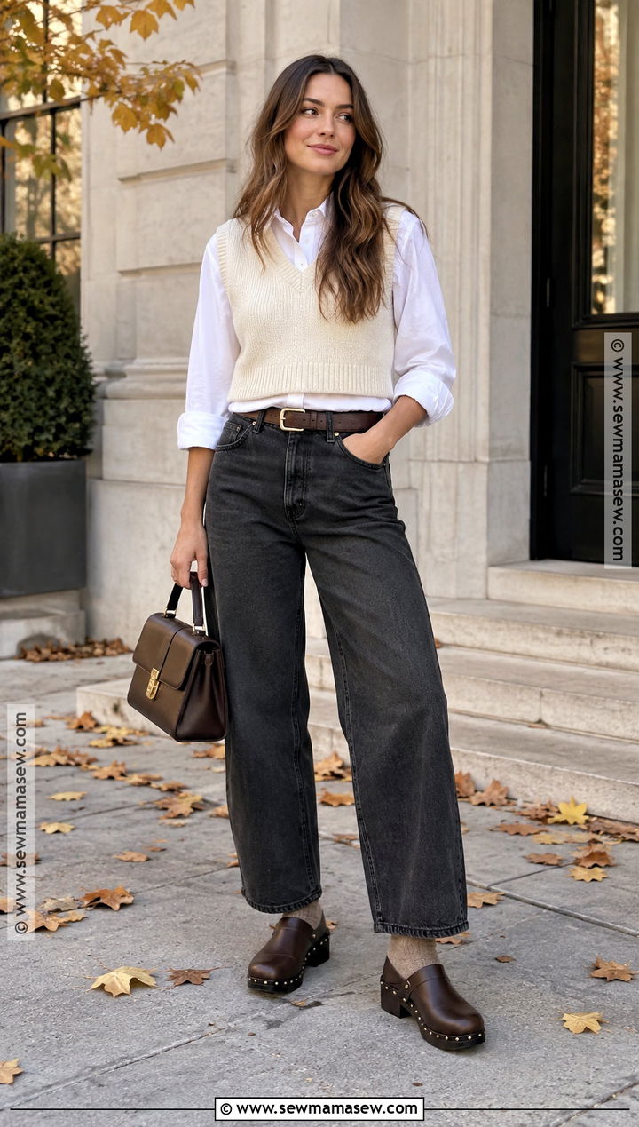 Barrel Jeans And Sweater Vest With Clogs - 20 fall outfits with clogs