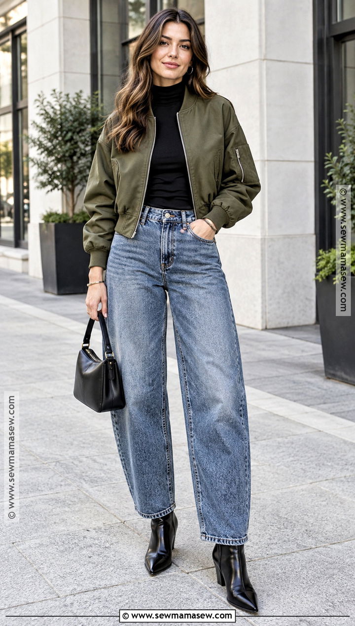 Barrel Jeans Bomber Jacket and Ankle Boots - 15 fall outfit jeans and boots