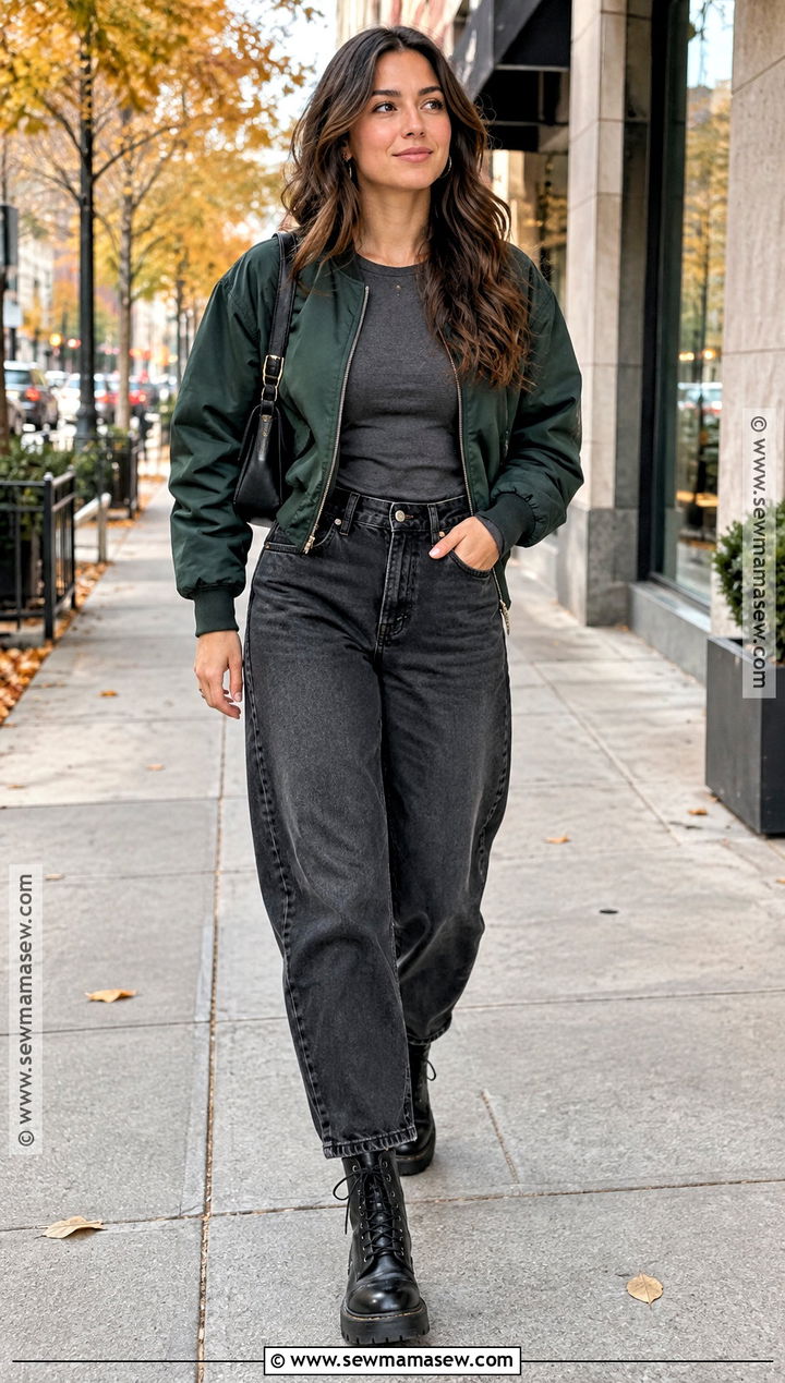 Barrel Jeans With Bomber Jacket And Combat Boots - 25 barrel jeans outfit fall