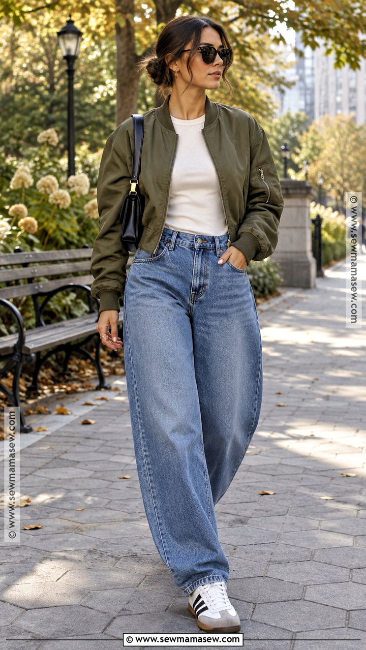 Barrel Jeans With Bomber Jacket and Sneakers - 20 Style Barrel Jeans For Fall