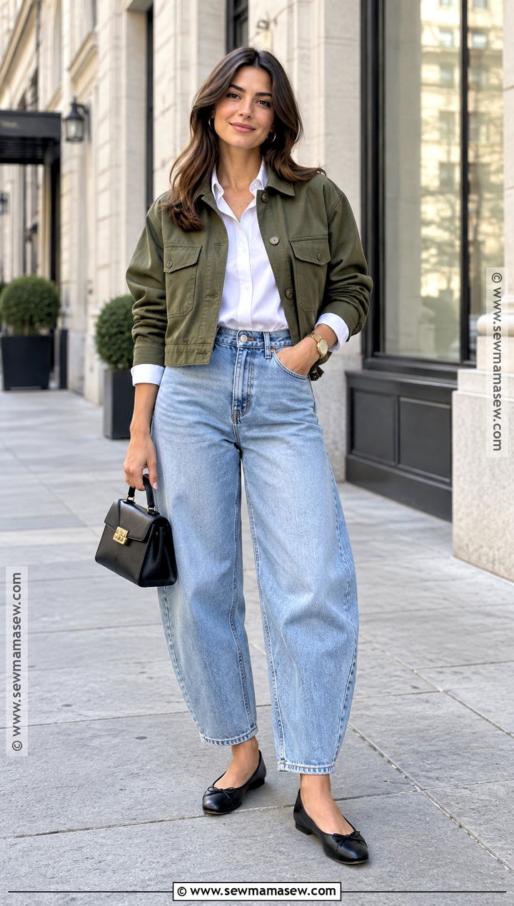 Barrel Jeans With Button Down Shirt And Cropped Jacket - 15 fall jeans outfit 2026