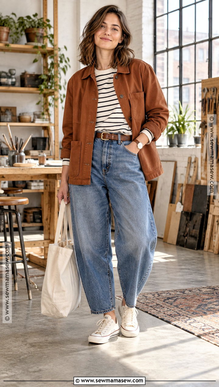 Barrel Jeans With Chore Coat And Canvas Sneakers - 25 barrel jeans outfit fall