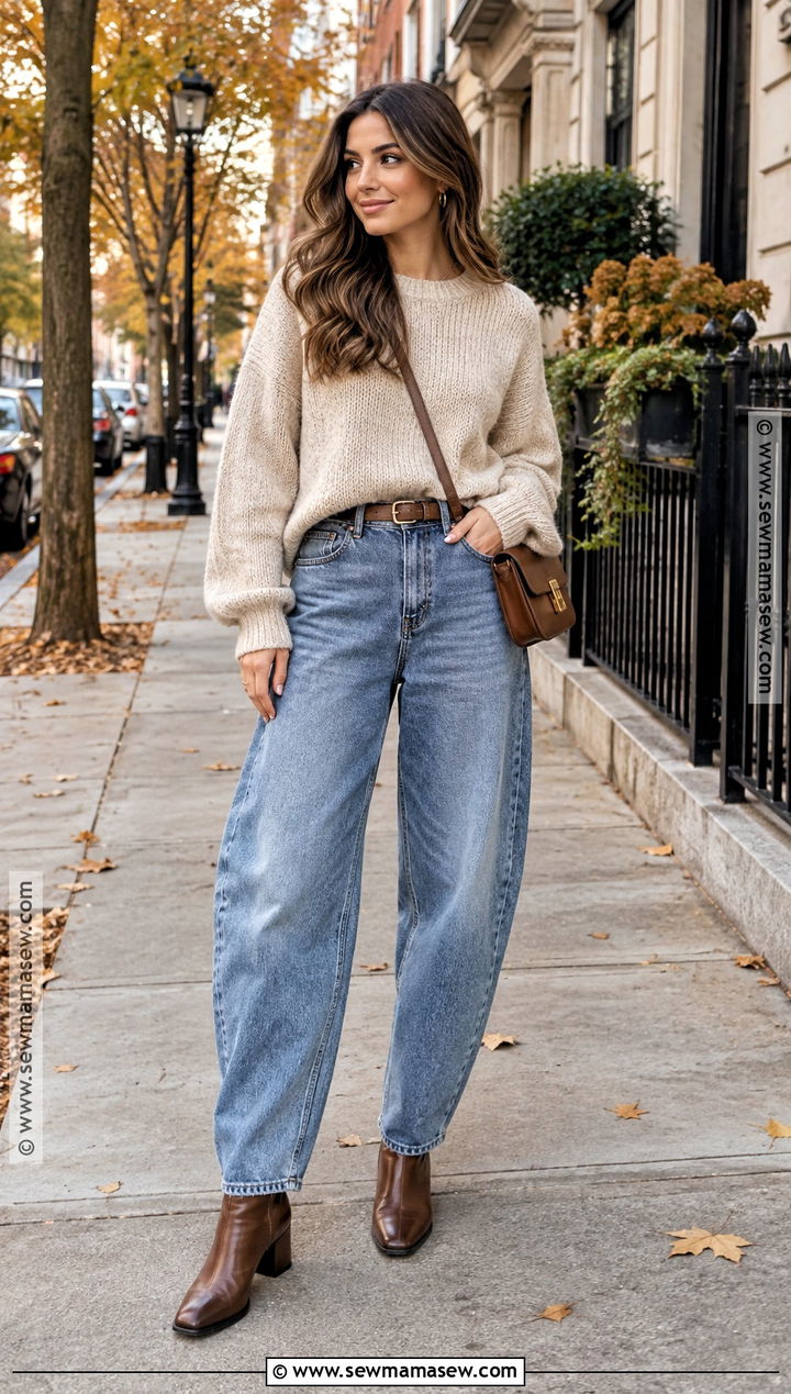 Barrel Jeans With Chunky Sweater And Ankle Boots - 20 Fall Barrel Jean Outfits