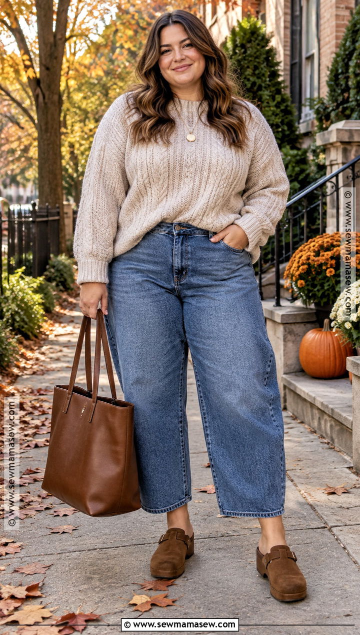 Barrel Jeans With Chunky Sweater And Clogs - 25 barrel jeans outfit fall