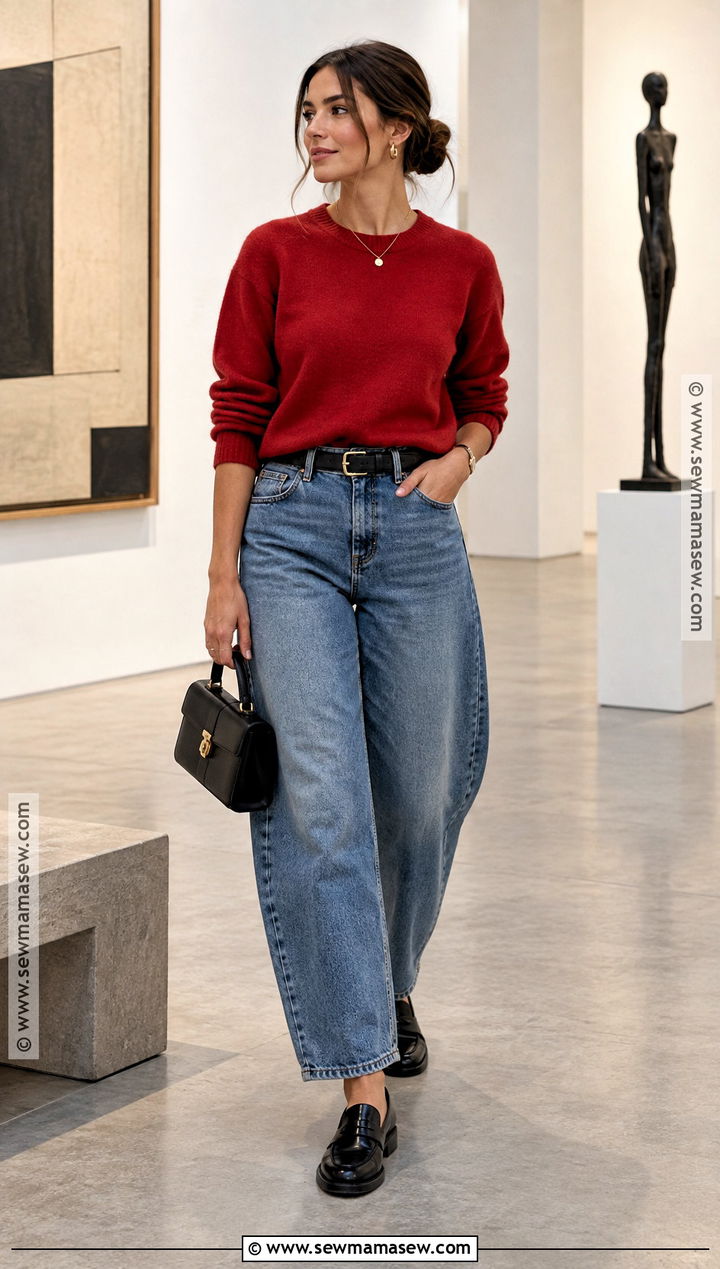 Barrel Jeans With Crewneck Sweater and Loafers - 20 cute fall outfits with jeans