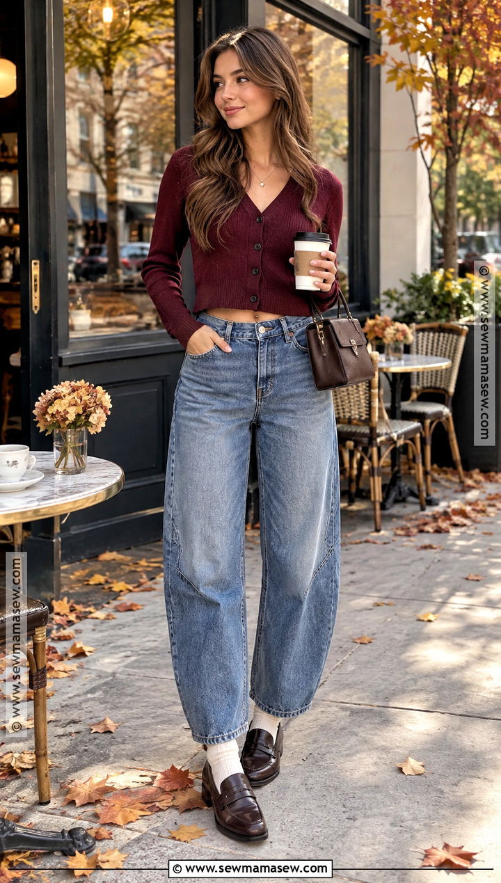 Barrel Jeans With Cropped Cardigan And Loafers - 20 fall outfits women jeans