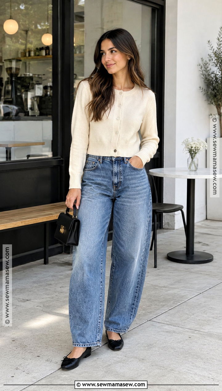 Barrel Jeans With Cropped Cardigan and Ballet Flats - 20 Fall Fashion Jeans