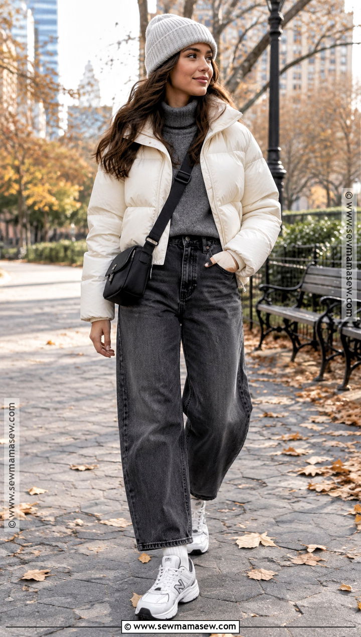 Barrel Jeans With Cropped Puffer And Sneakers - 20 Fall Barrel Jean Outfits