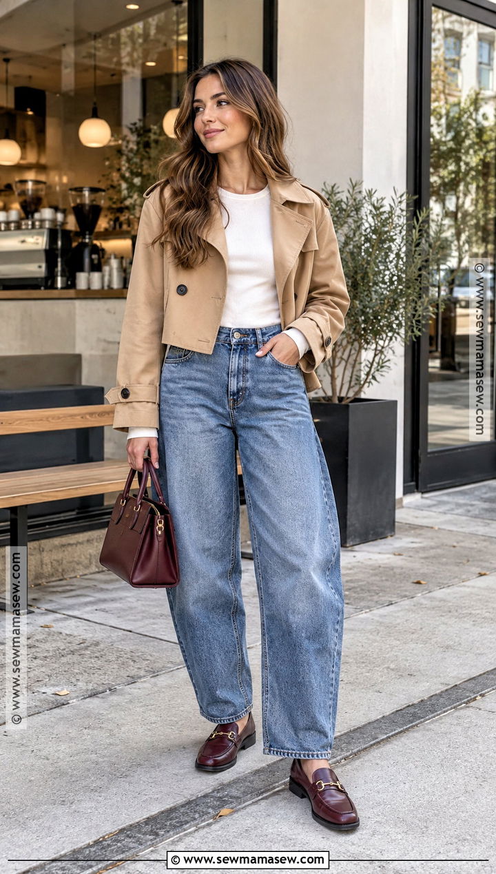 Barrel Jeans With Cropped Trench Coat - 25 jeans outfit autumn