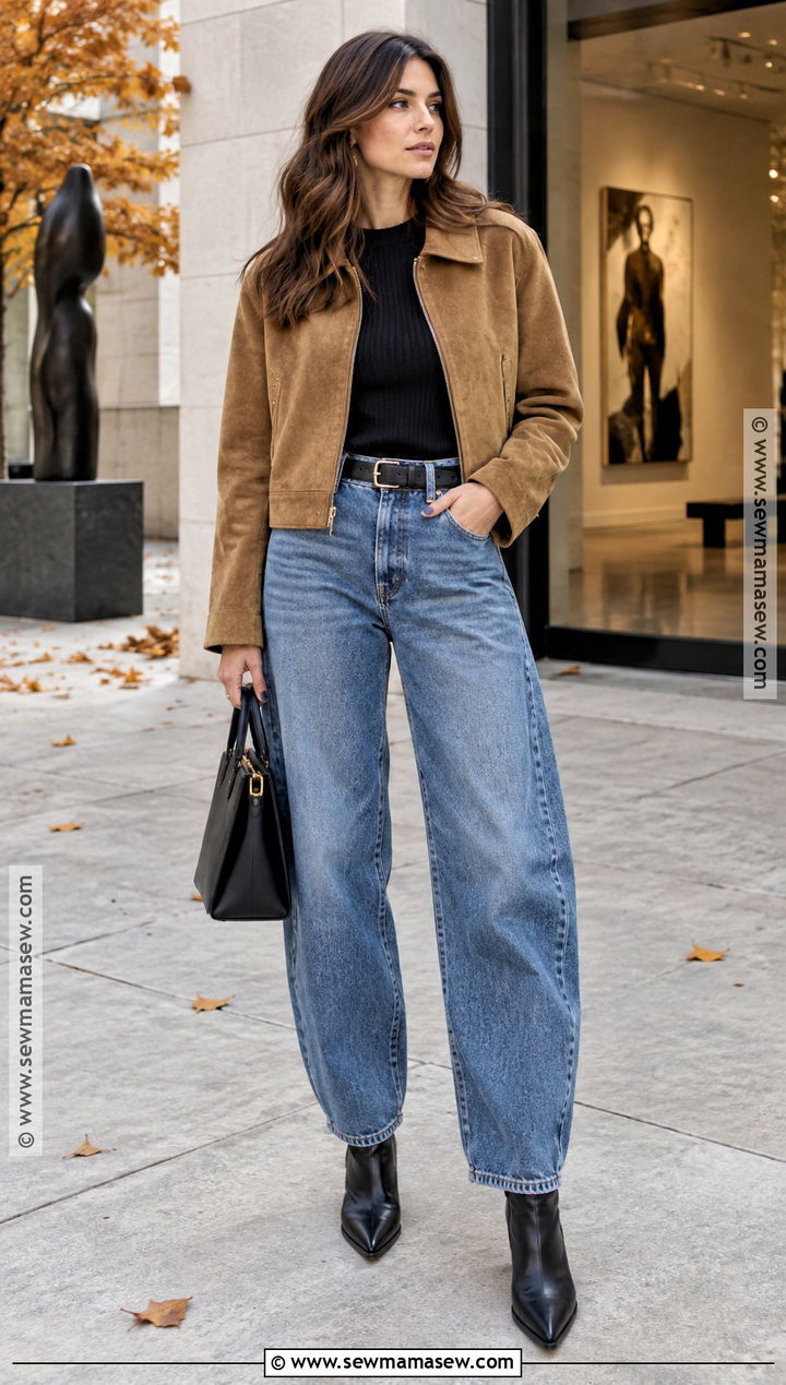 Barrel Jeans With Fitted Top and Pointed Boots - 20 date night jeans outfit fall