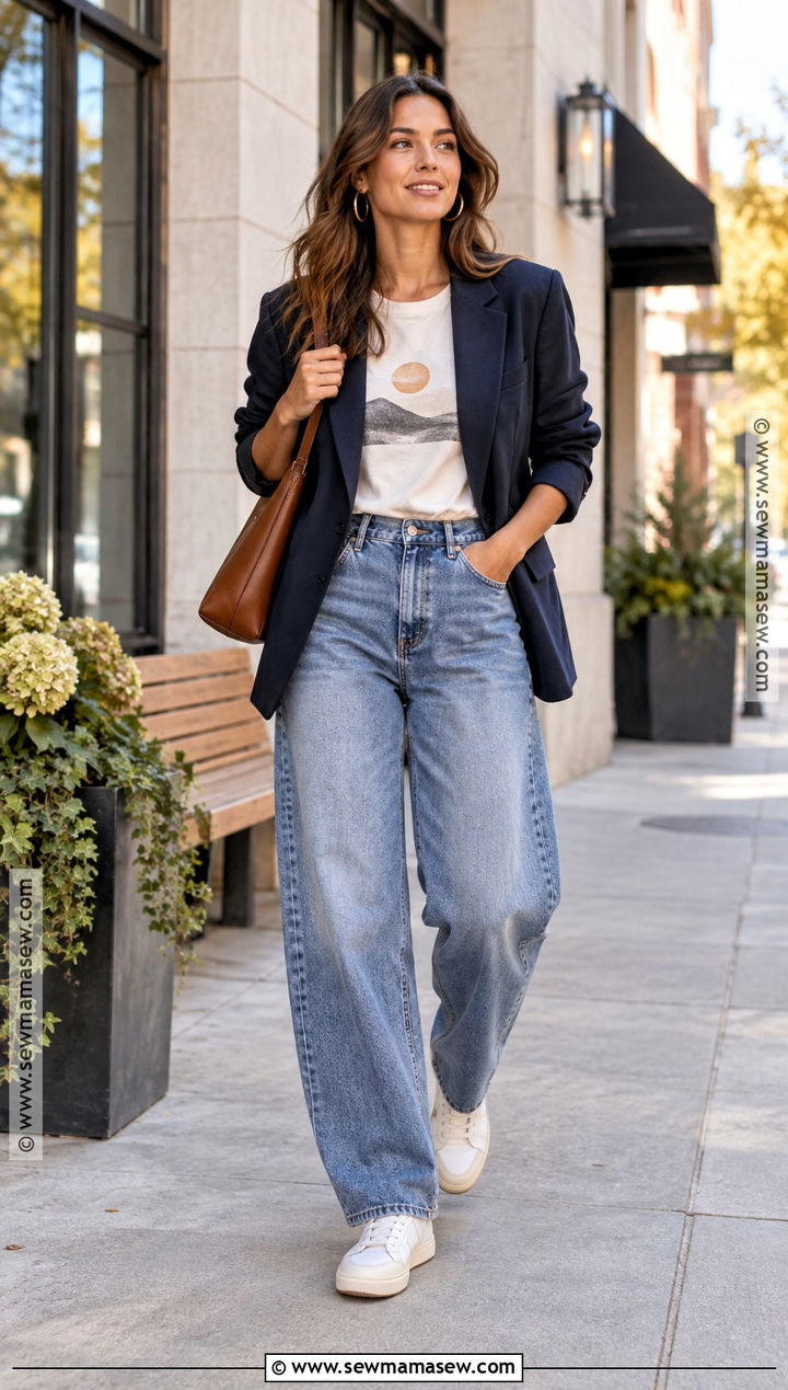 Barrel Jeans With Graphic Tee And Blazer - 20 Fall Barrel Jean Outfits