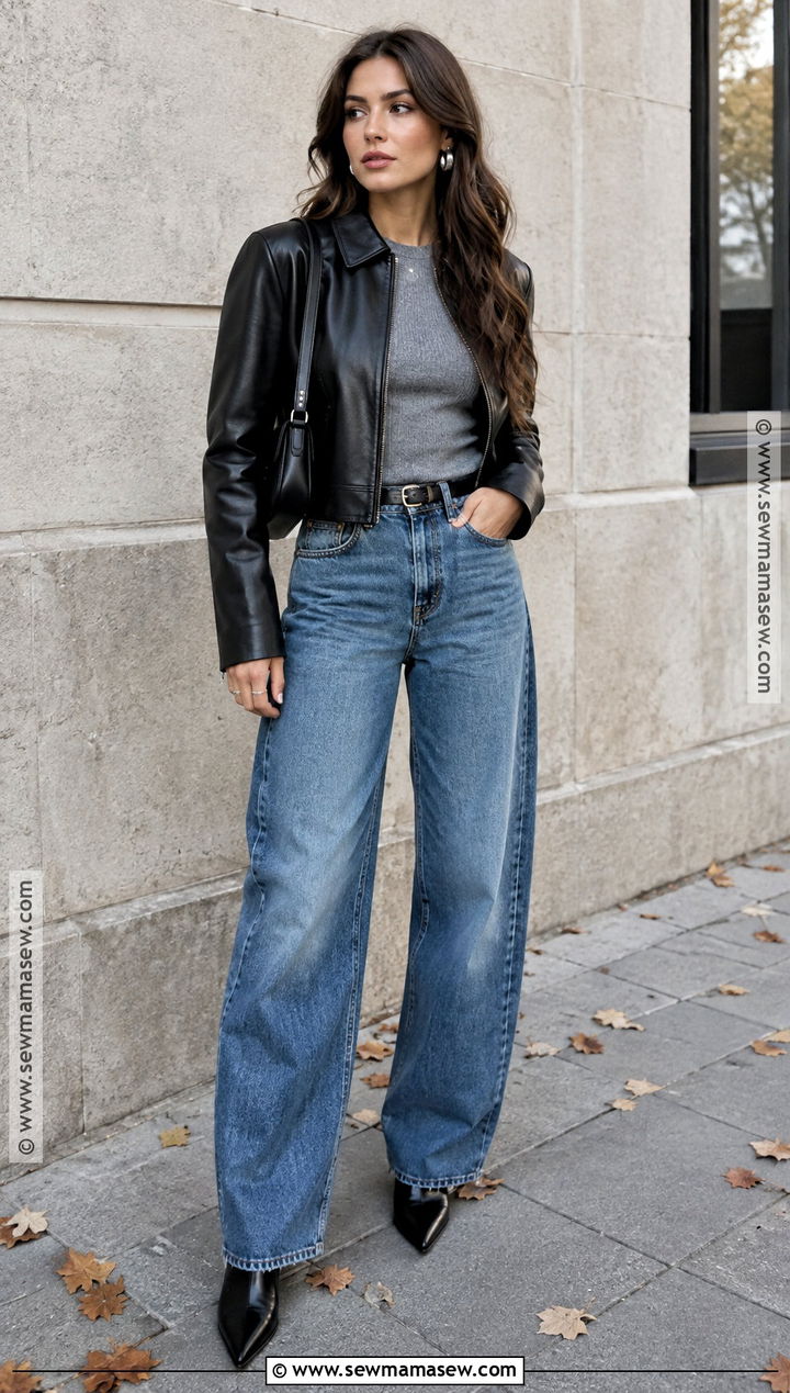 Barrel Jeans With Leather Jacket - 20 jean outfits fall