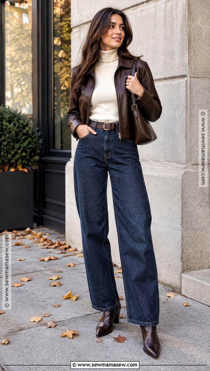 Barrel Jeans With Leather Jacket And Turtleneck - 20 Fall Barrel Jean Outfits