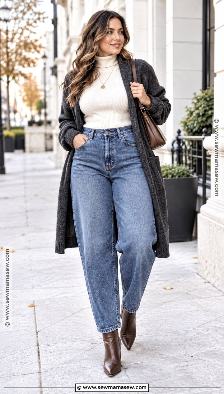 Barrel Jeans With Long Cardigan And Ankle Boots - 25 barrel jeans outfit fall