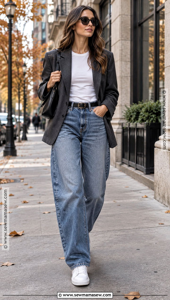 Barrel Jeans With Oversized Blazer And Sneakers - 25 barrel jeans outfit fall