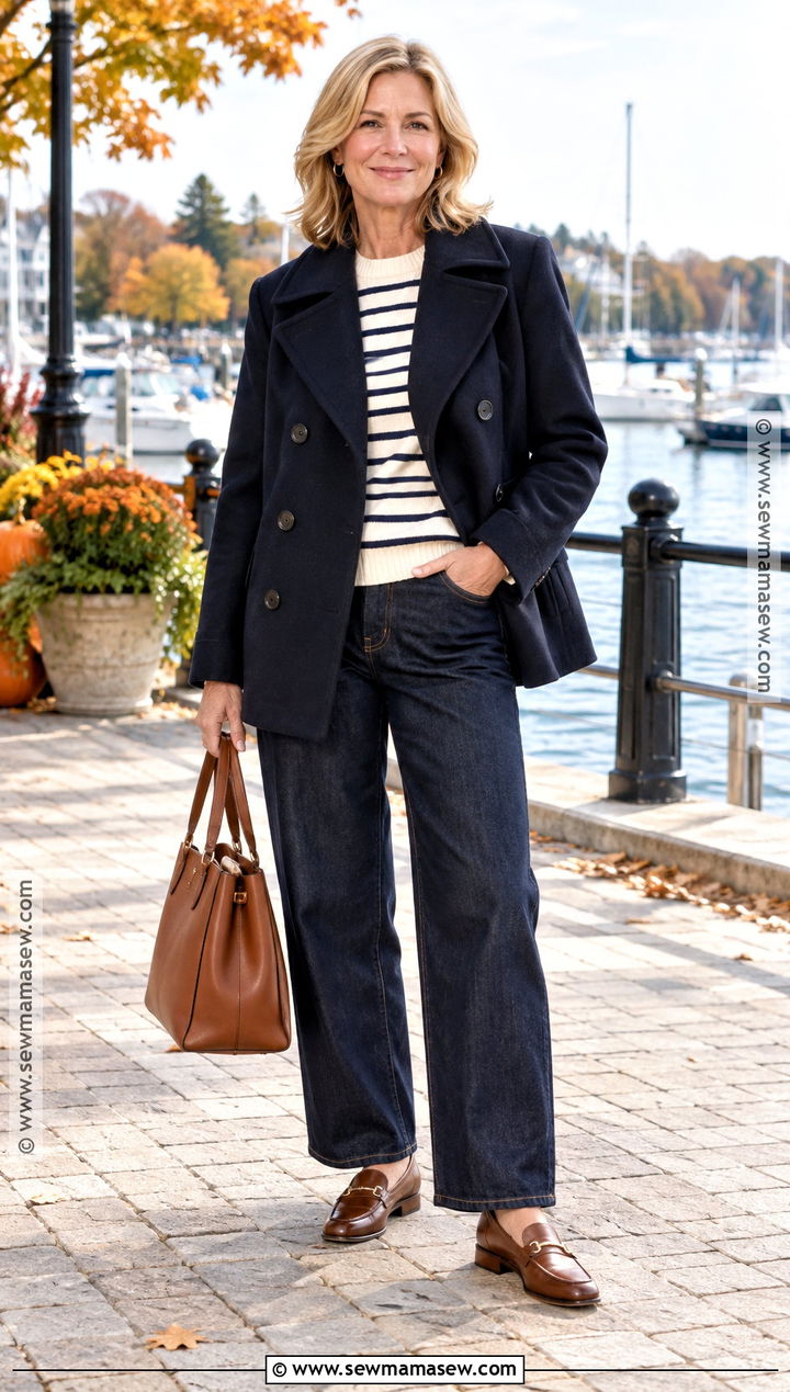 Barrel Jeans With Peacoat And Striped Sweater - 25 barrel jeans outfit fall