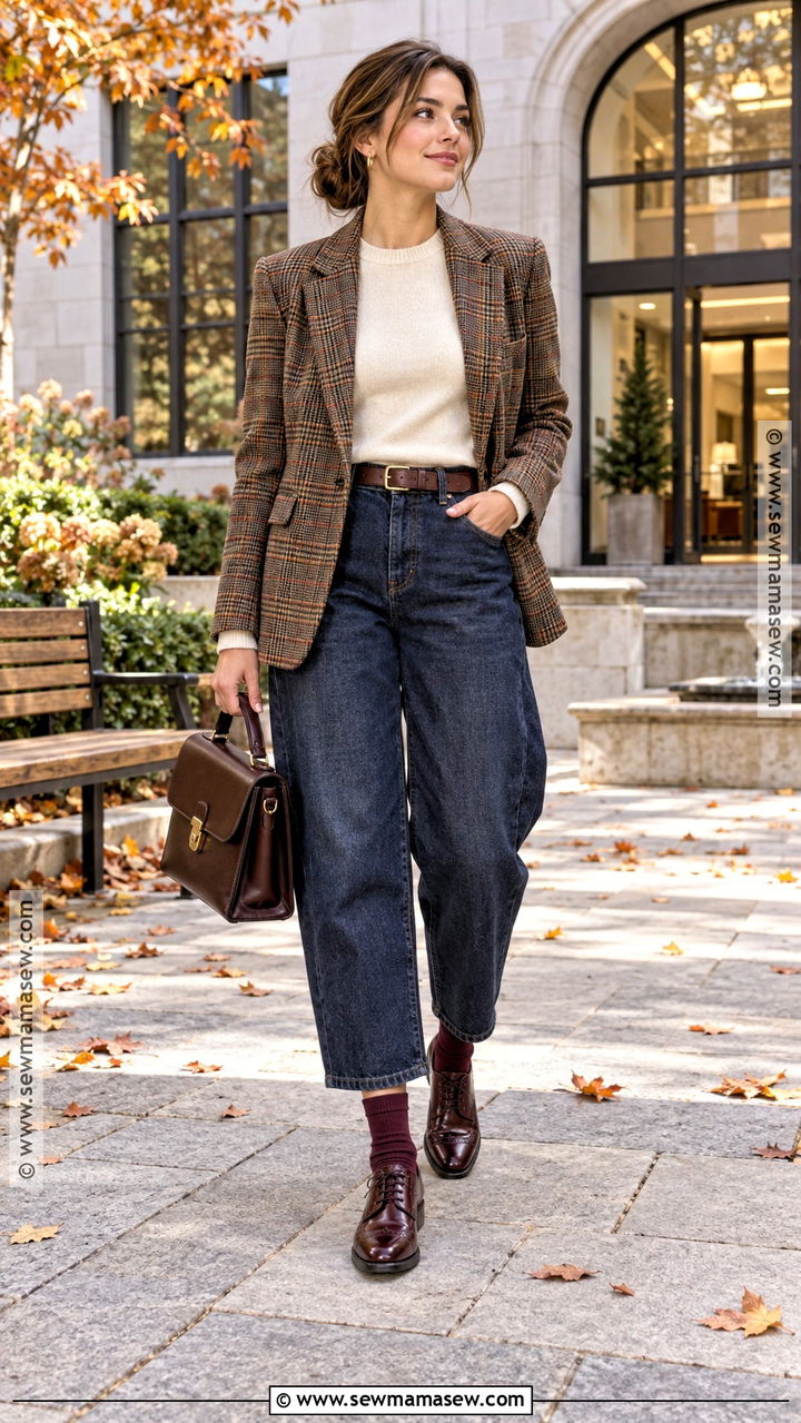 Barrel Jeans With Plaid Blazer and Oxfords - 20 Style Barrel Jeans For Fall