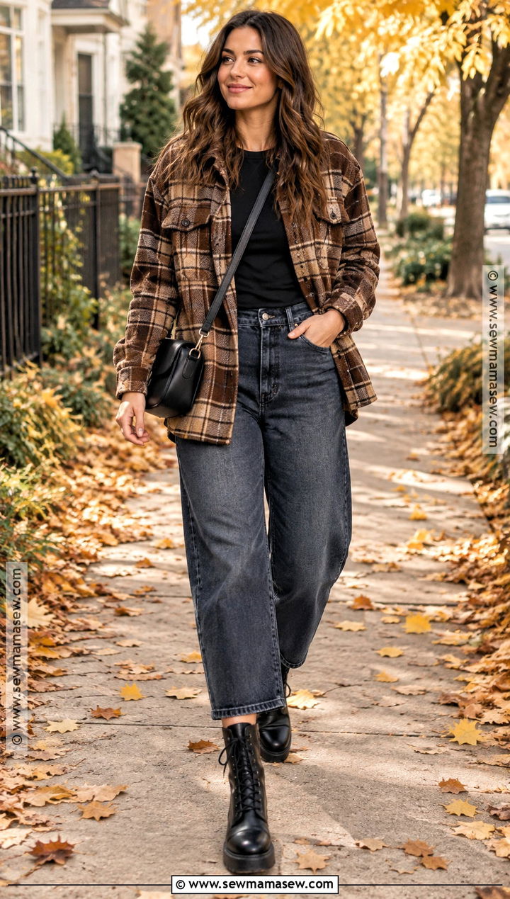 Barrel Jeans With Plaid Shacket And Combat Boots - 20 Fall Barrel Jean Outfits