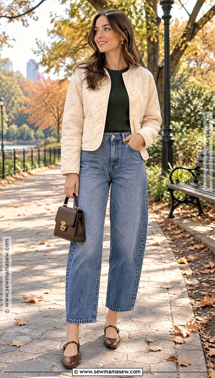 Barrel Jeans With Quilted Jacket And Mary Jane Flats - 25 barrel jeans outfit fall