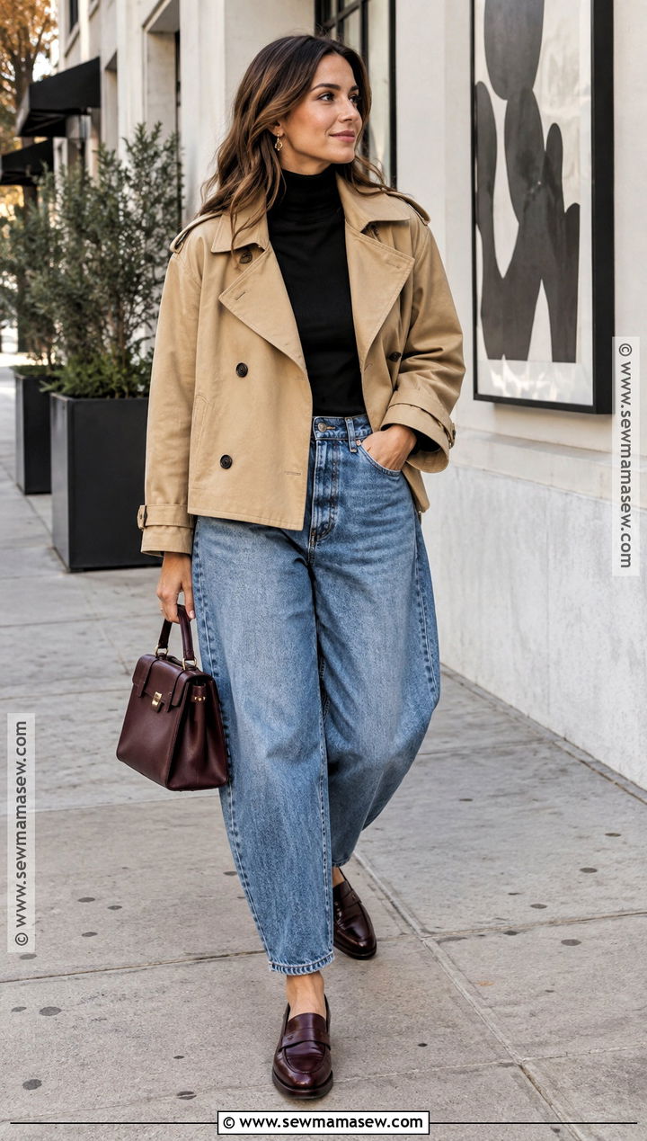 Barrel Jeans With Short Trench Coat - 25 fall vacation outfits