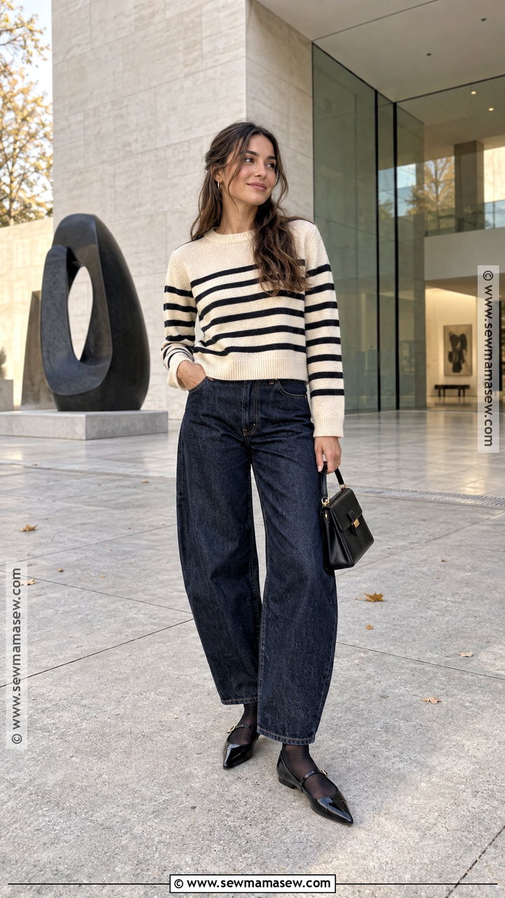 Barrel Jeans With Striped Sweater and Mary Janes - 20 Style Barrel Jeans For Fall