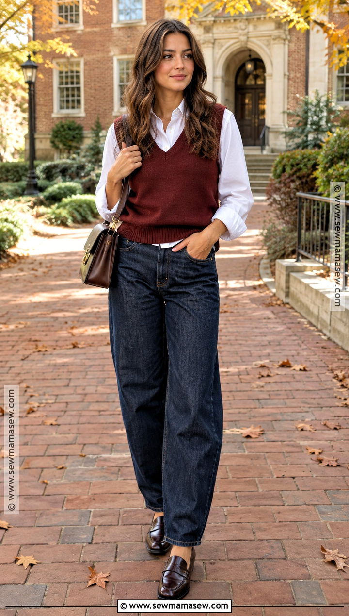 Barrel Jeans With Sweater Vest And Button Down - 25 barrel jeans outfit fall