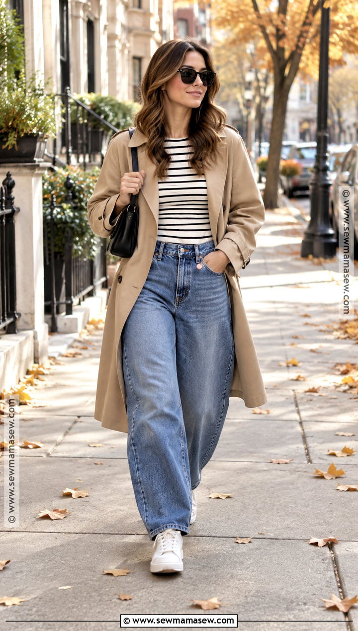 Barrel Jeans With Trench Coat And Sneakers - 20 Fall Barrel Jean Outfits
