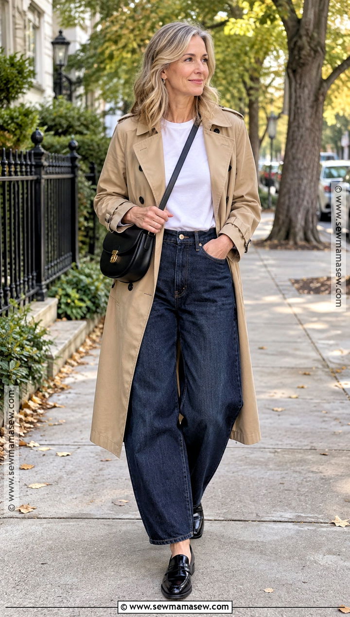 Barrel Jeans With Trench Coat And White T Shirt - 25 barrel jeans outfit fall