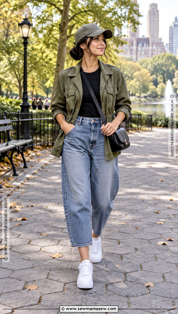Barrel Jeans With Utility Jacket And White Sneakers - 25 barrel jeans outfit fall