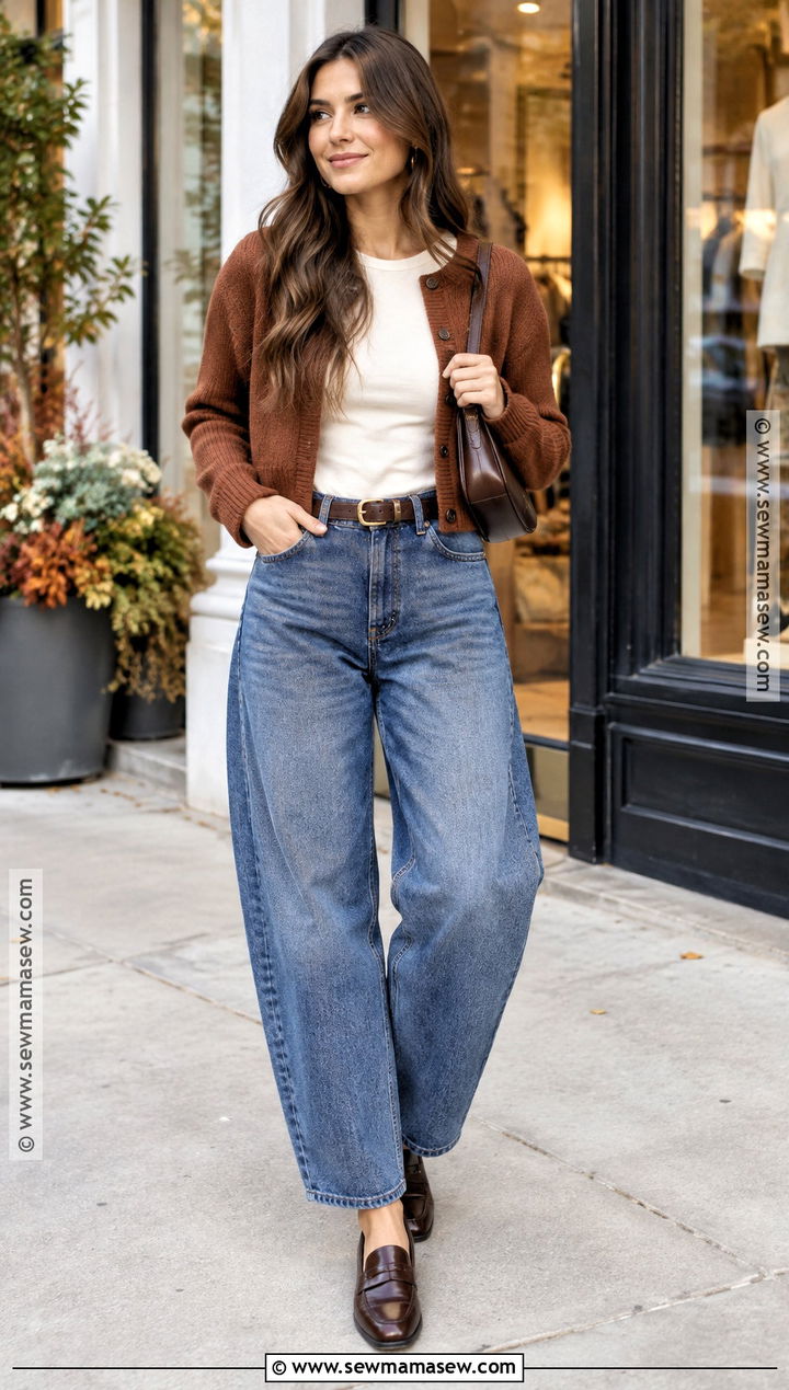 Barrel Jeans With a Cropped Cardigan - 25 Fall Outfits With Jeans