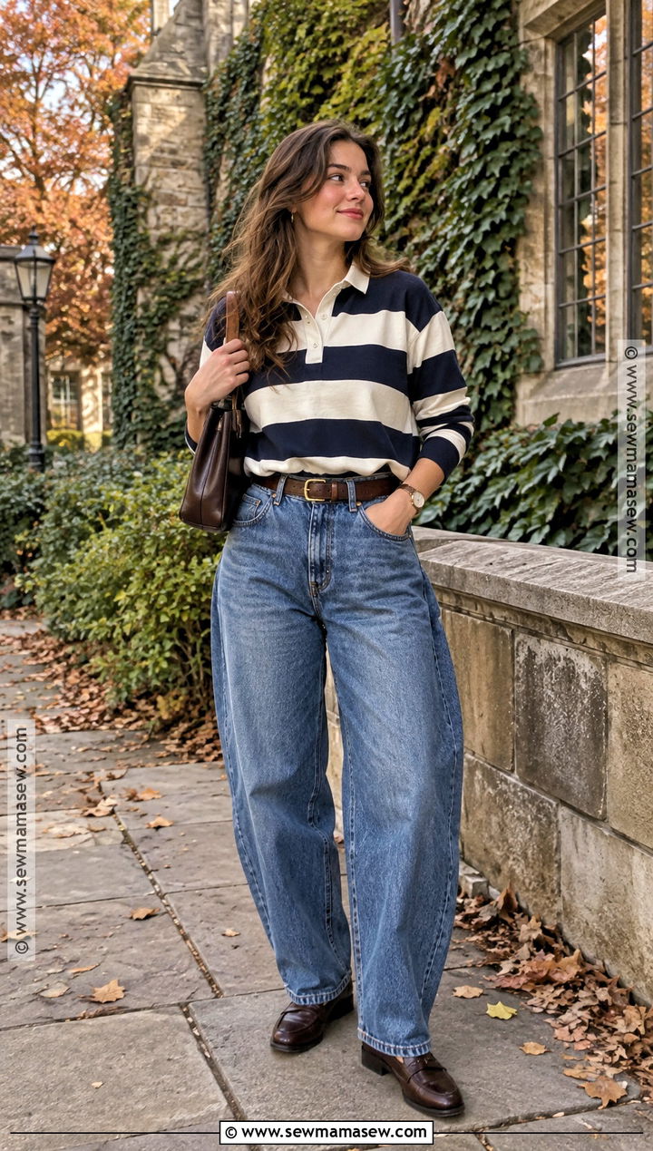 Barrel Leg Jeans And Rugby Shirt School Outfit - 15 Back To School Outfits Fall 2026