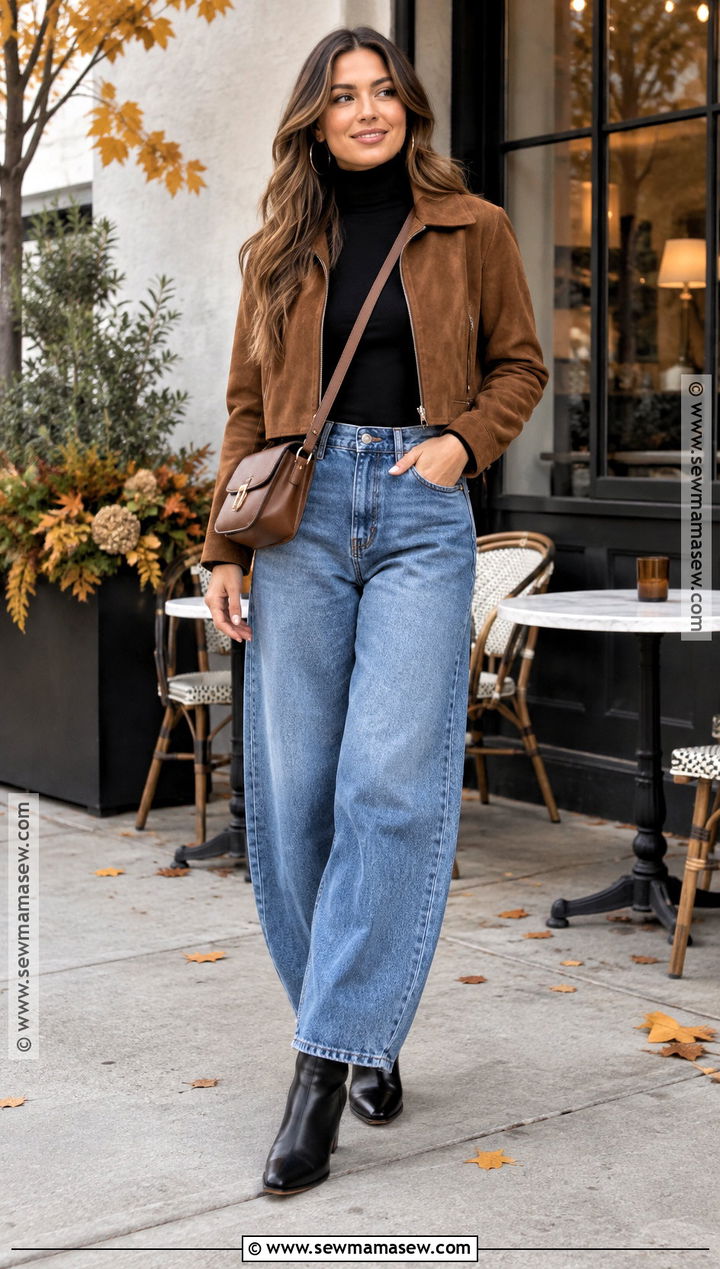 Barrel Leg Jeans With Fitted Turtleneck And Ankle Boots - 20 fall pants outfit